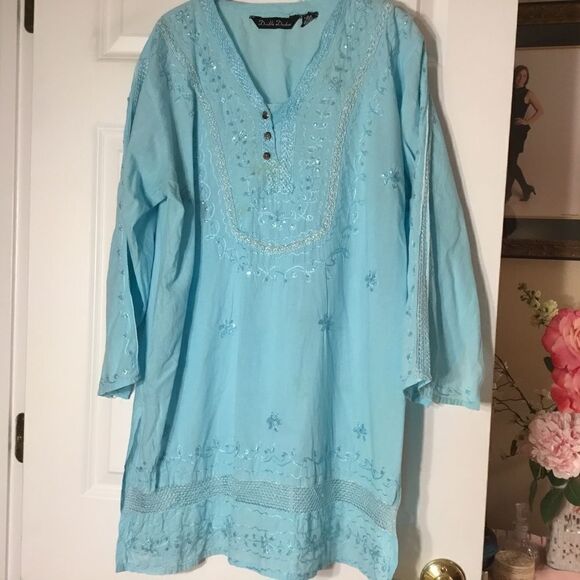 Double Decker Women’s Size Plus Light Turquoise Tunic Top with Embroidery Detail - Picture 2 of 11